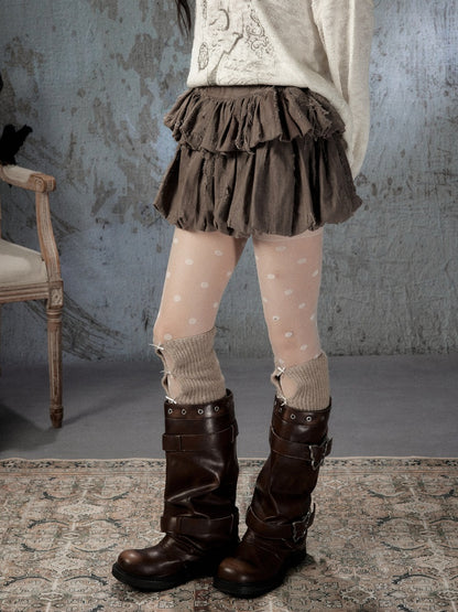 Loose Ripped Brown Bud Pleated Mini Skirt【s0000018591】