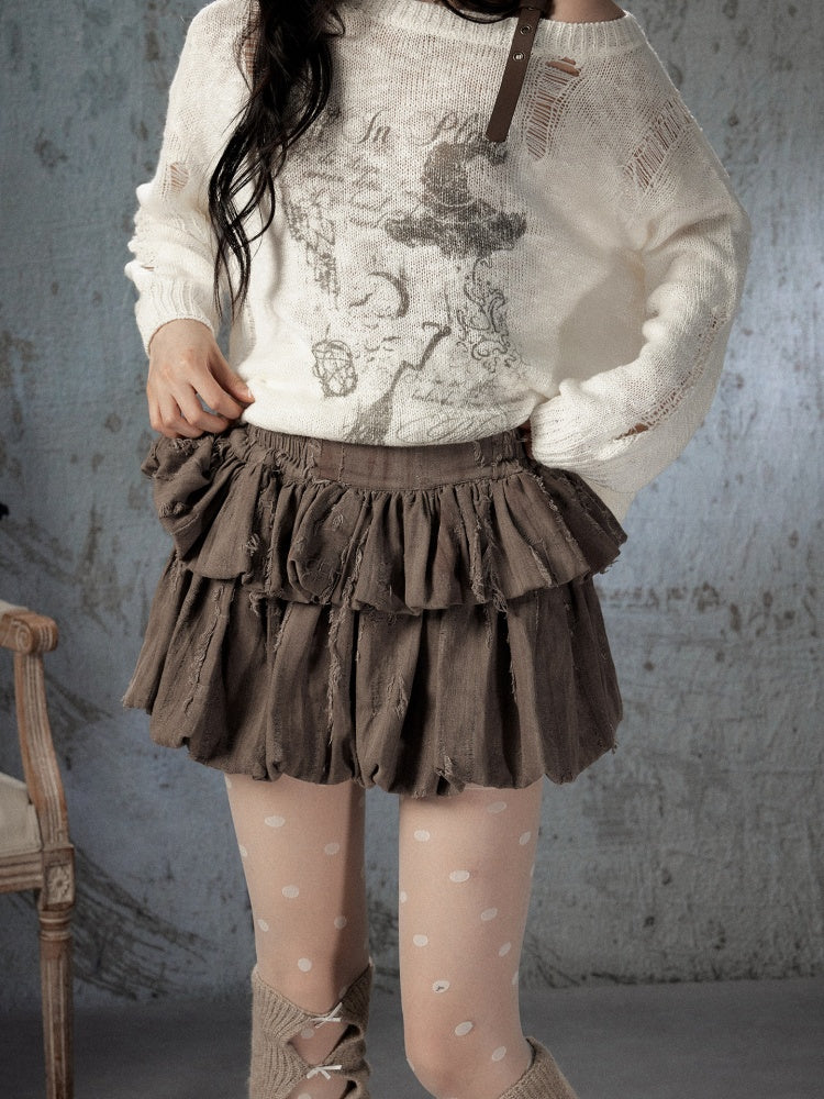 Loose Ripped Brown Bud Pleated Mini Skirt【s0000018591】
