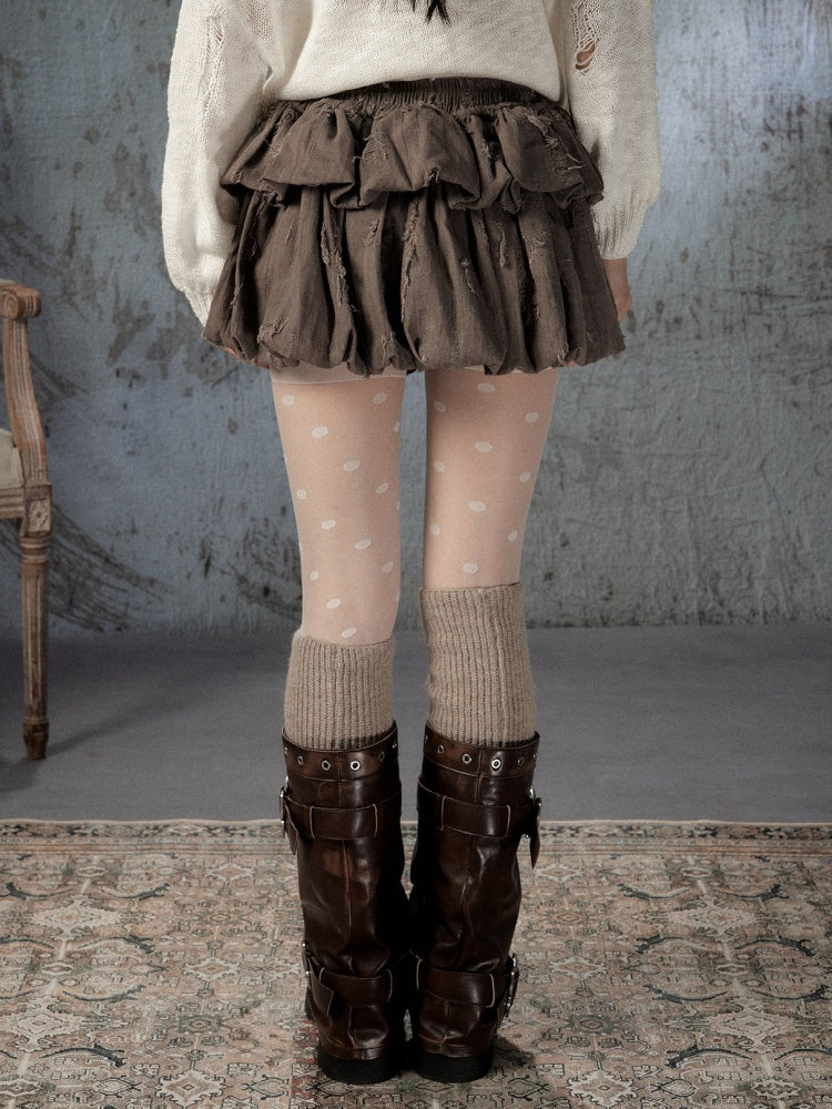 Loose Ripped Brown Bud Pleated Mini Skirt【s0000018591】