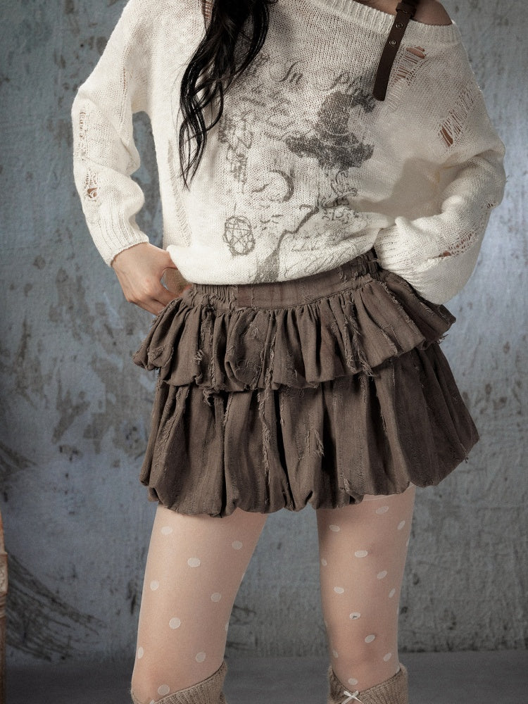 Loose Ripped Brown Bud Pleated Mini Skirt【s0000018591】