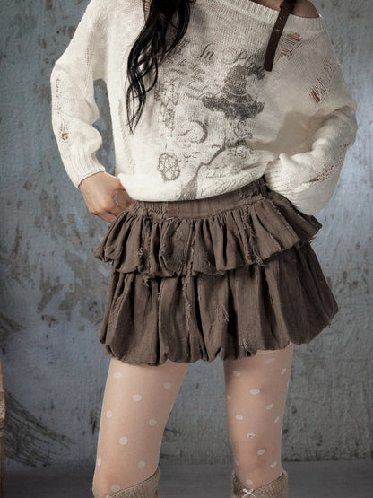 Loose Ripped Brown Bud Pleated Mini Skirt【s0000018591】