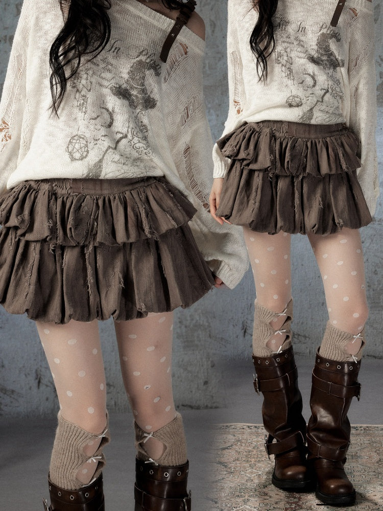 Loose Ripped Brown Bud Pleated Mini Skirt【s0000018591】