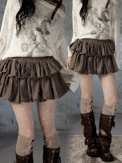 Loose Ripped Brown Bud Pleated Mini Skirt【s0000018591】