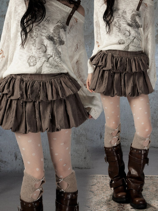 Loose Ripped Brown Bud Pleated Mini Skirt【s0000018591】