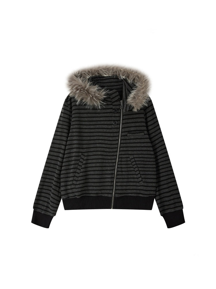 Fur Collar Striped Loose Zipper Jacket【s0000018593】