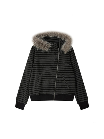 Fur Collar Striped Loose Zipper Jacket【s0000018593】