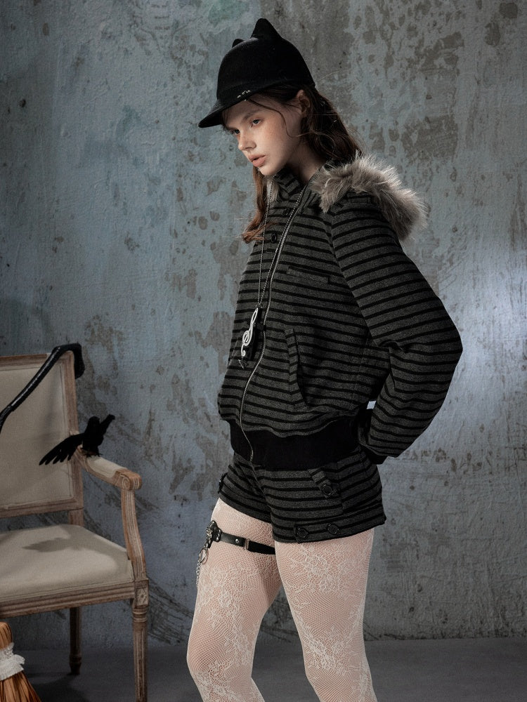 Fur Collar Striped Loose Zipper Jacket【s0000018593】