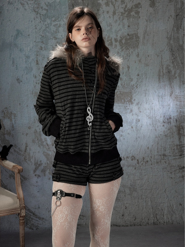 Fur Collar Striped Loose Zipper Jacket【s0000018593】