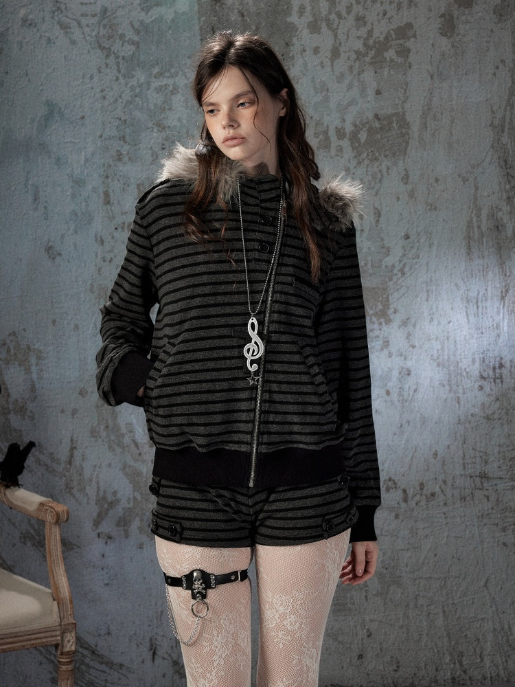 Fur Collar Striped Loose Zipper Jacket【s0000018593】