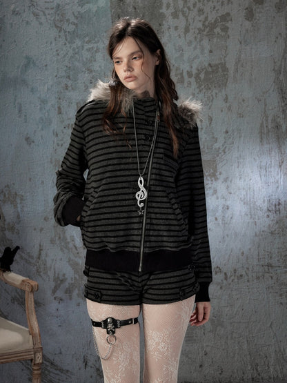 Fur Collar Striped Loose Zipper Jacket【s0000018593】