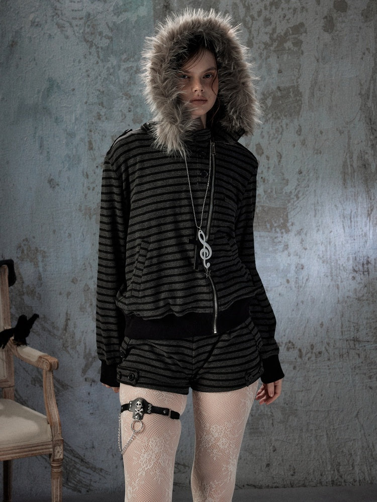 Fur Collar Striped Loose Zipper Jacket【s0000018593】