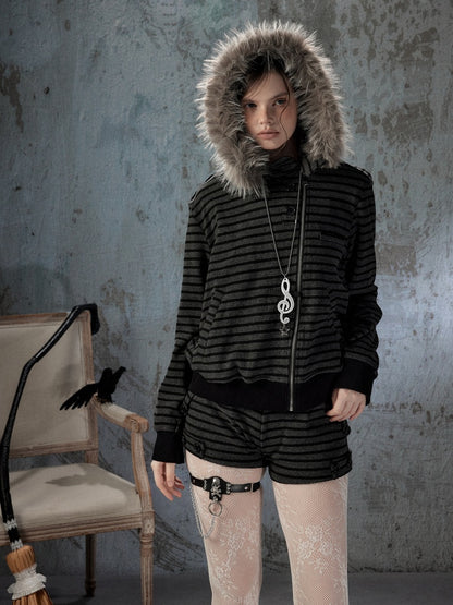Fur Collar Striped Loose Zipper Jacket【s0000018593】