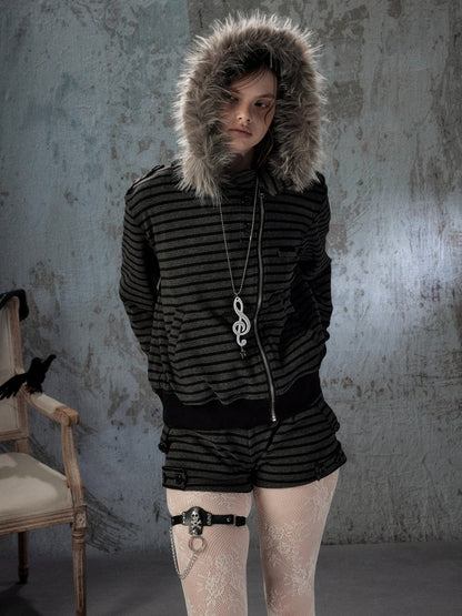 Fur Collar Striped Loose Zipper Jacket【s0000018593】