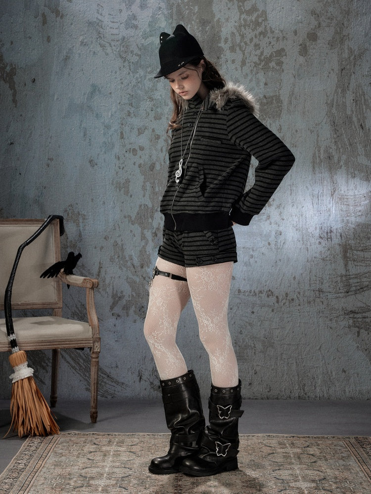 Fur Collar Striped Loose Zipper Jacket【s0000018593】