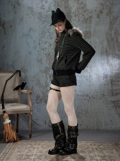 Fur Collar Striped Loose Zipper Jacket【s0000018593】