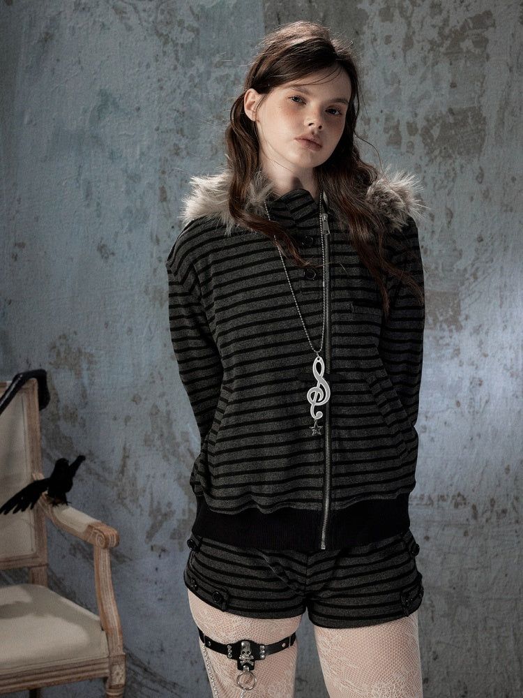 Fur Collar Striped Loose Zipper Jacket【s0000018593】