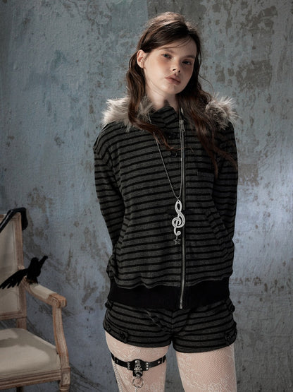 Fur Collar Striped Loose Zipper Jacket【s0000018593】