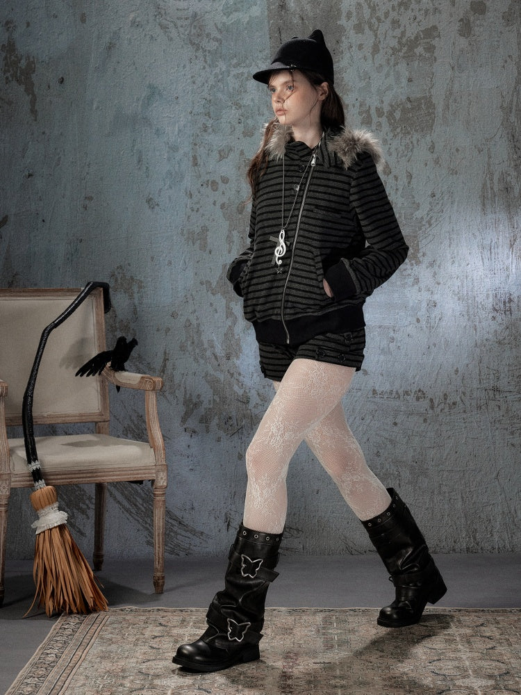 Fur Collar Striped Loose Zipper Jacket【s0000018593】