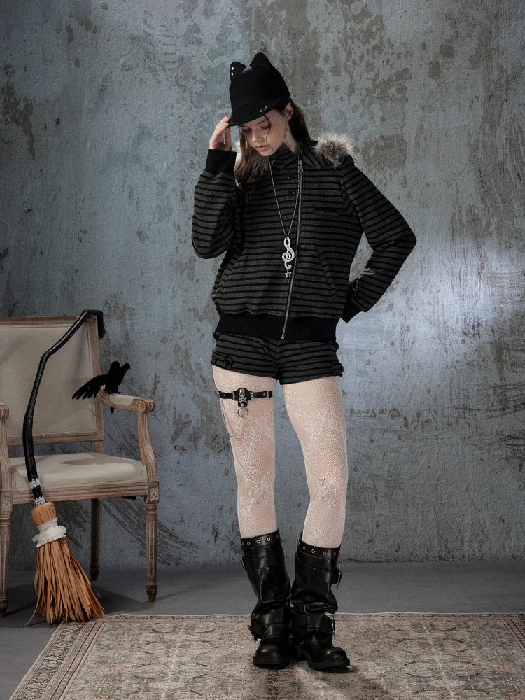 Fur Collar Striped Loose Zipper Jacket【s0000018593】