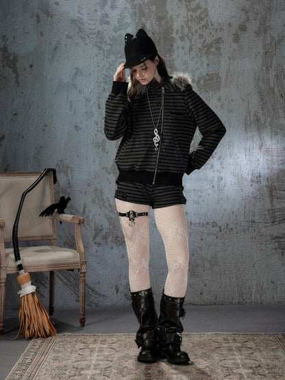 Fur Collar Striped Loose Zipper Jacket【s0000018593】