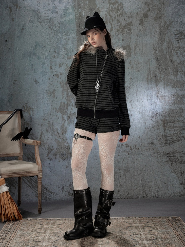 Fur Collar Striped Loose Zipper Jacket【s0000018593】
