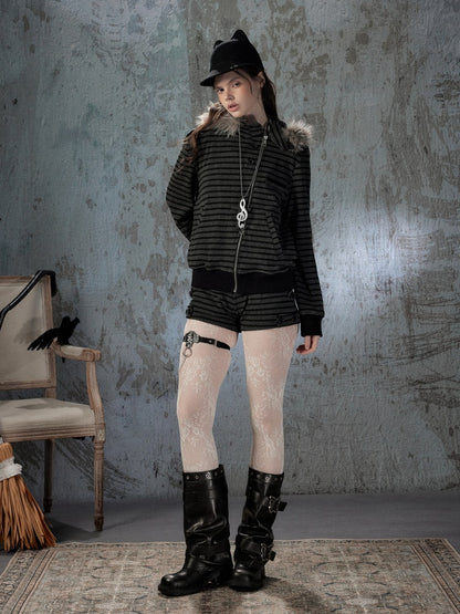 Fur Collar Striped Loose Zipper Jacket【s0000018593】