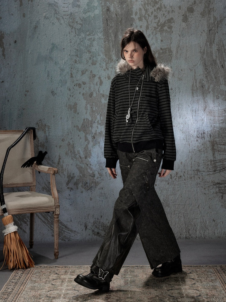 Fur Collar Striped Loose Zipper Jacket【s0000018593】