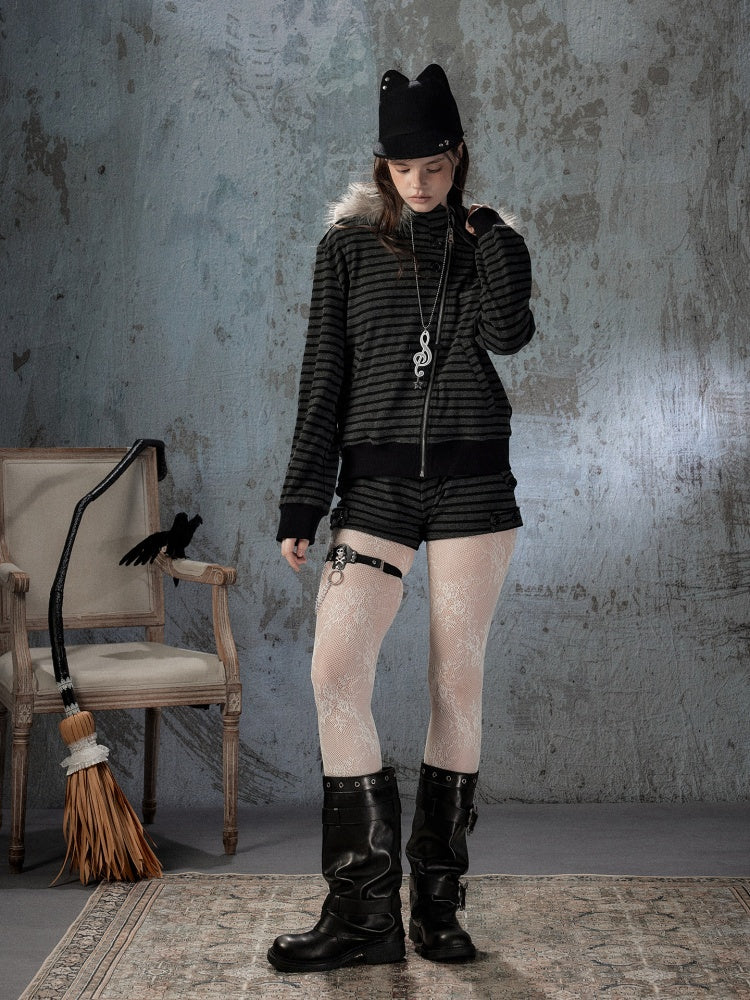 Fur Collar Striped Loose Zipper Jacket【s0000018593】