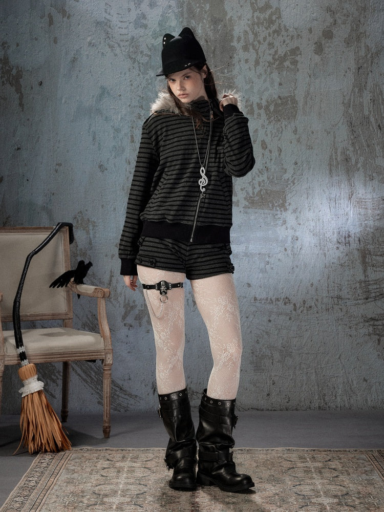 Fur Collar Striped Loose Zipper Jacket【s0000018593】