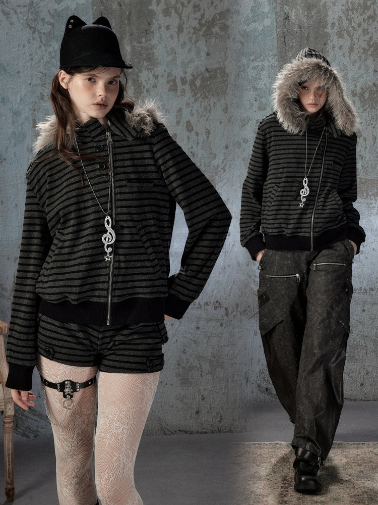 Fur Collar Striped Loose Zipper Jacket【s0000018593】