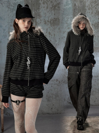 Fur Collar Striped Loose Zipper Jacket【s0000018593】