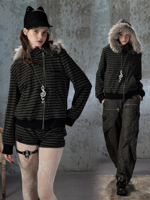 Fur Collar Striped Loose Zipper Jacket【s0000018593】