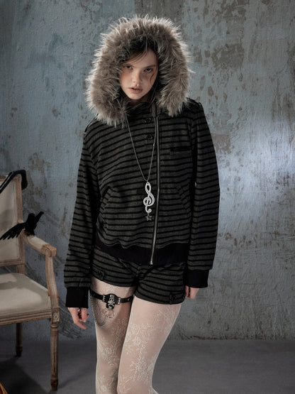 Fur Collar Striped Loose Zipper Jacket【s0000018593】
