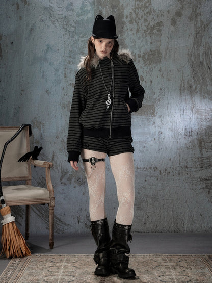 Fur Collar Striped Loose Zipper Jacket【s0000018593】