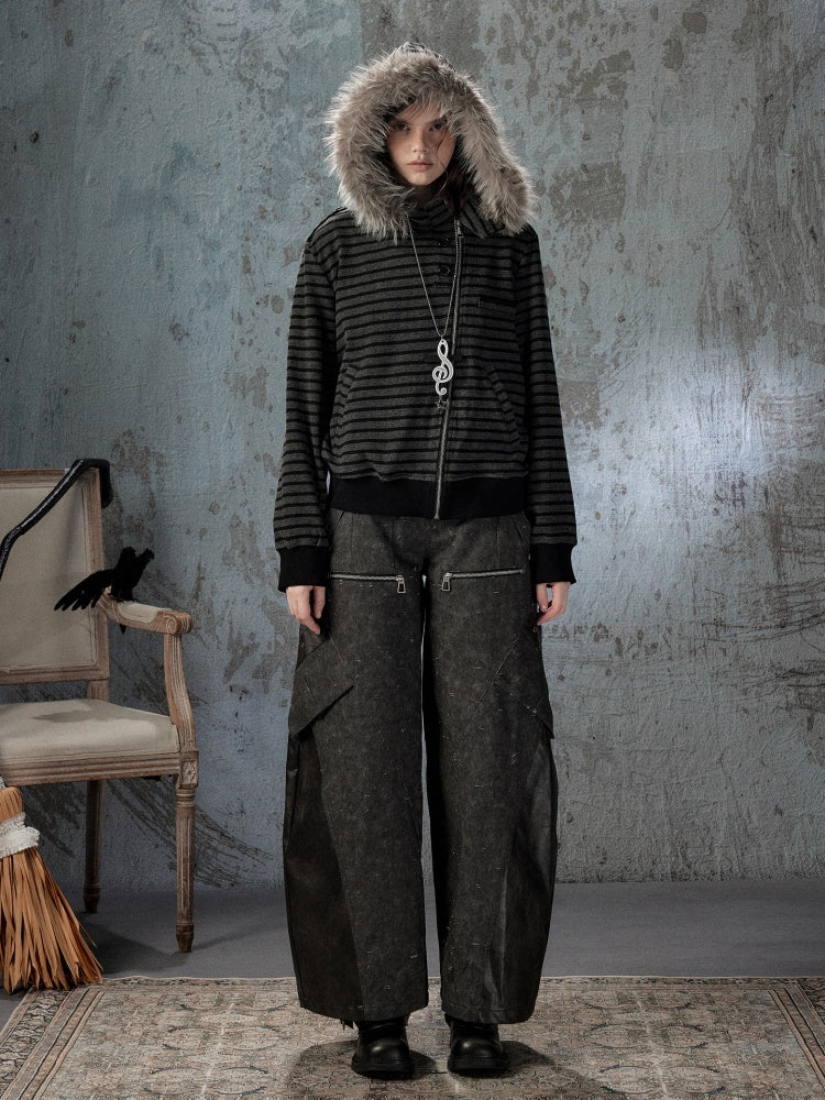 Fur Collar Striped Loose Zipper Jacket【s0000018593】