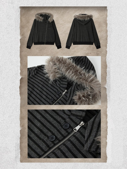 Fur Collar Striped Loose Zipper Jacket【s0000018593】