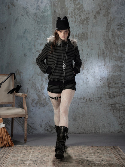 Fur Collar Striped Loose Zipper Jacket【s0000018593】