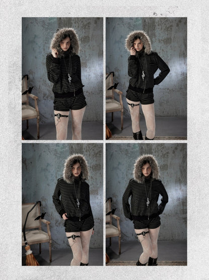 Fur Collar Striped Loose Zipper Jacket【s0000018593】