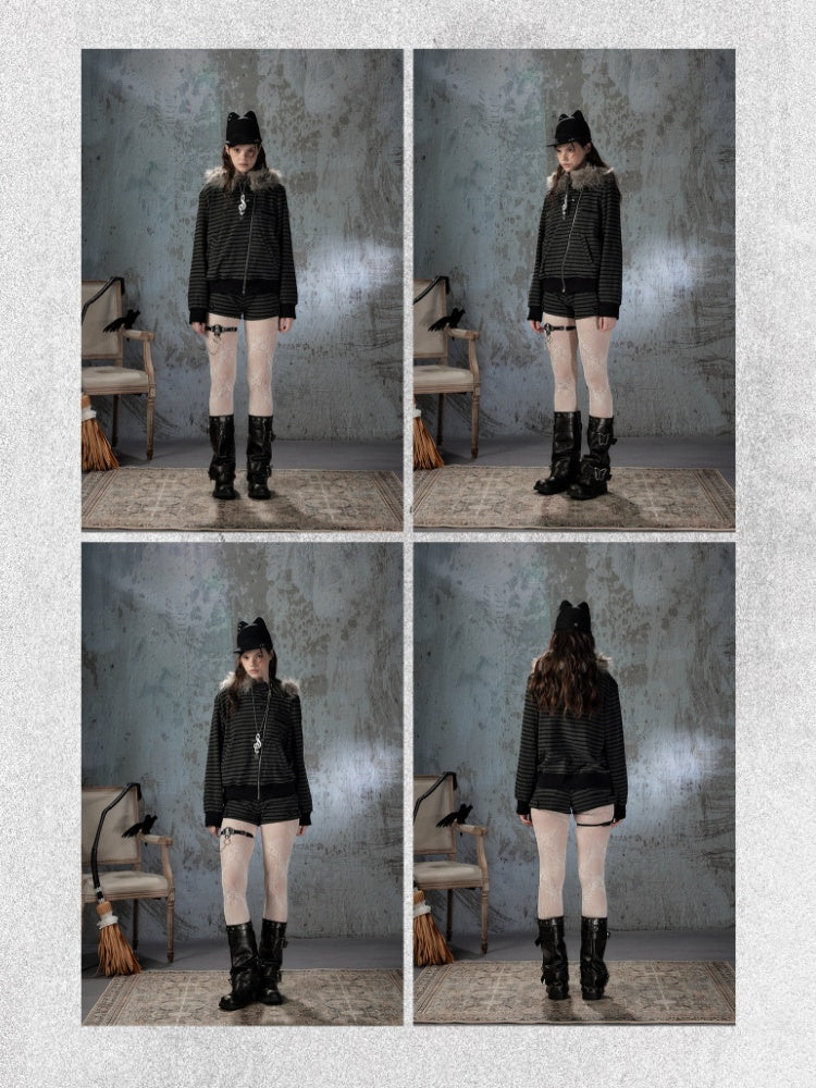 Fur Collar Striped Loose Zipper Jacket【s0000018593】