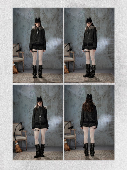 Fur Collar Striped Loose Zipper Jacket【s0000018593】