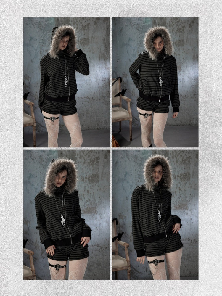 Fur Collar Striped Loose Zipper Jacket【s0000018593】
