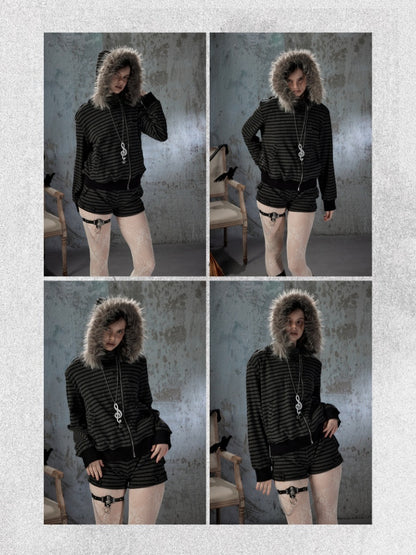 Fur Collar Striped Loose Zipper Jacket【s0000018593】