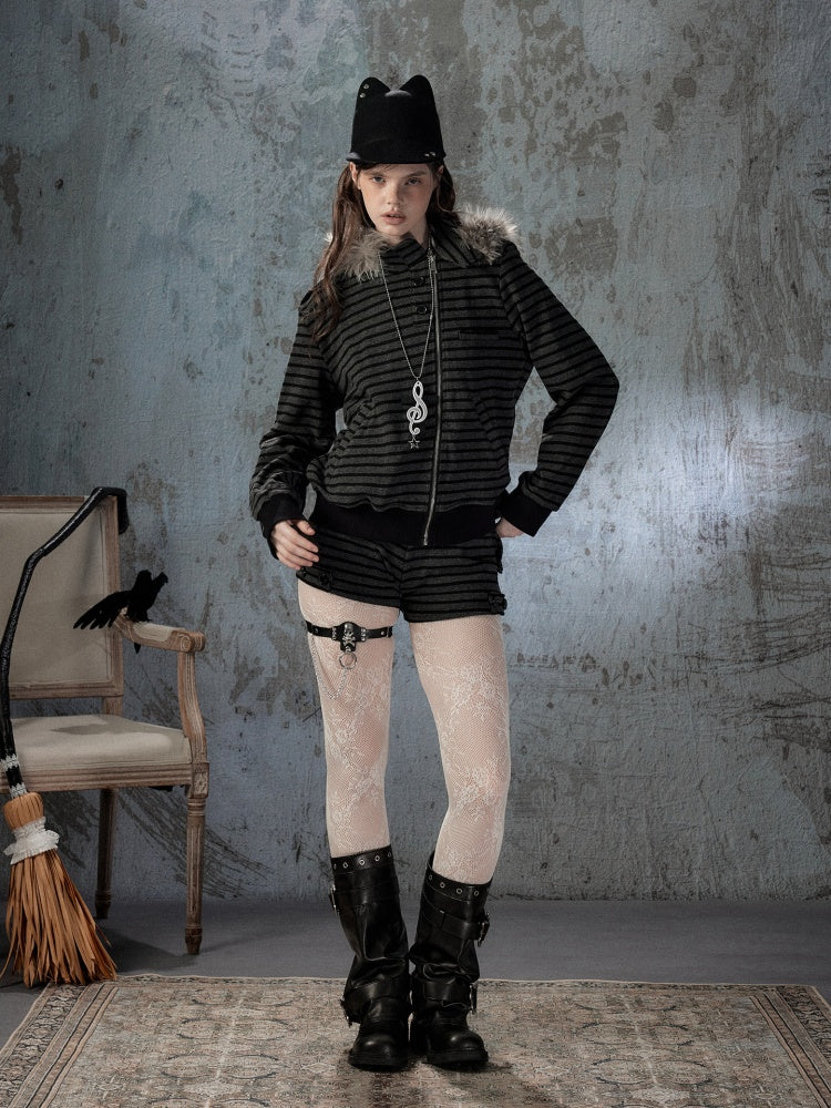 Fur Collar Striped Loose Zipper Jacket【s0000018593】