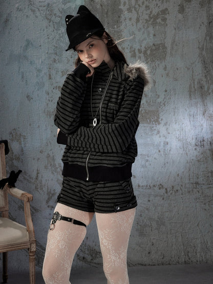 Fur Collar Striped Loose Zipper Jacket【s0000018593】