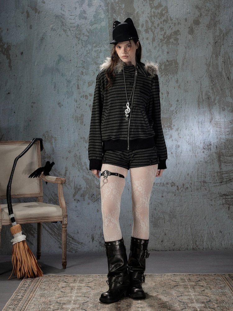 Slim-Fit Lightweight Pocket Striped Black Short Pants【s0000018594】
