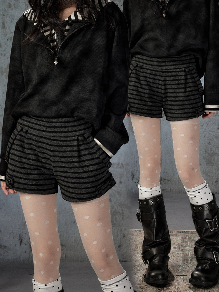 Slim-Fit Lightweight Pocket Striped Black Short Pants【s0000018594】