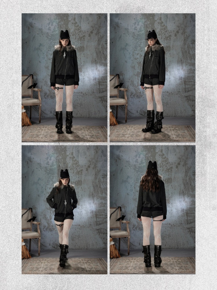 Slim-Fit Lightweight Pocket Striped Black Short Pants【s0000018594】