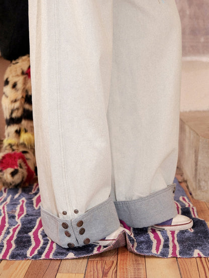 Loose Grayish White Cotton Curved Cuff Jeans【s0000018607】