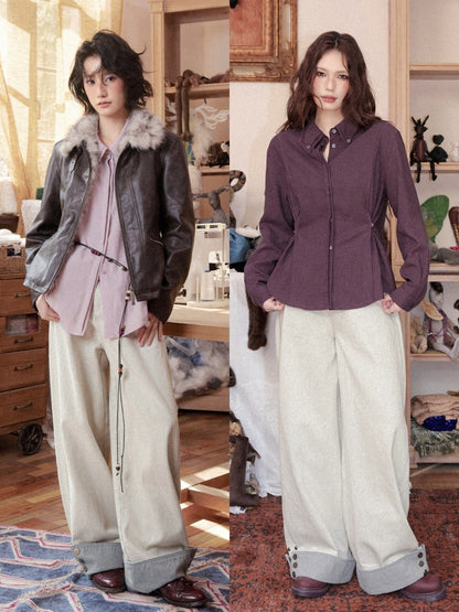 Loose Grayish White Cotton Curved Cuff Jeans【s0000018607】