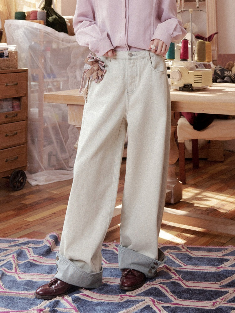 Loose Grayish White Cotton Curved Cuff Jeans【s0000018607】